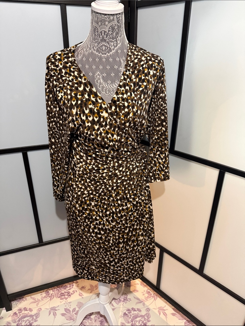 attention Brown, Cream & Mustard Printed Wrap Dress